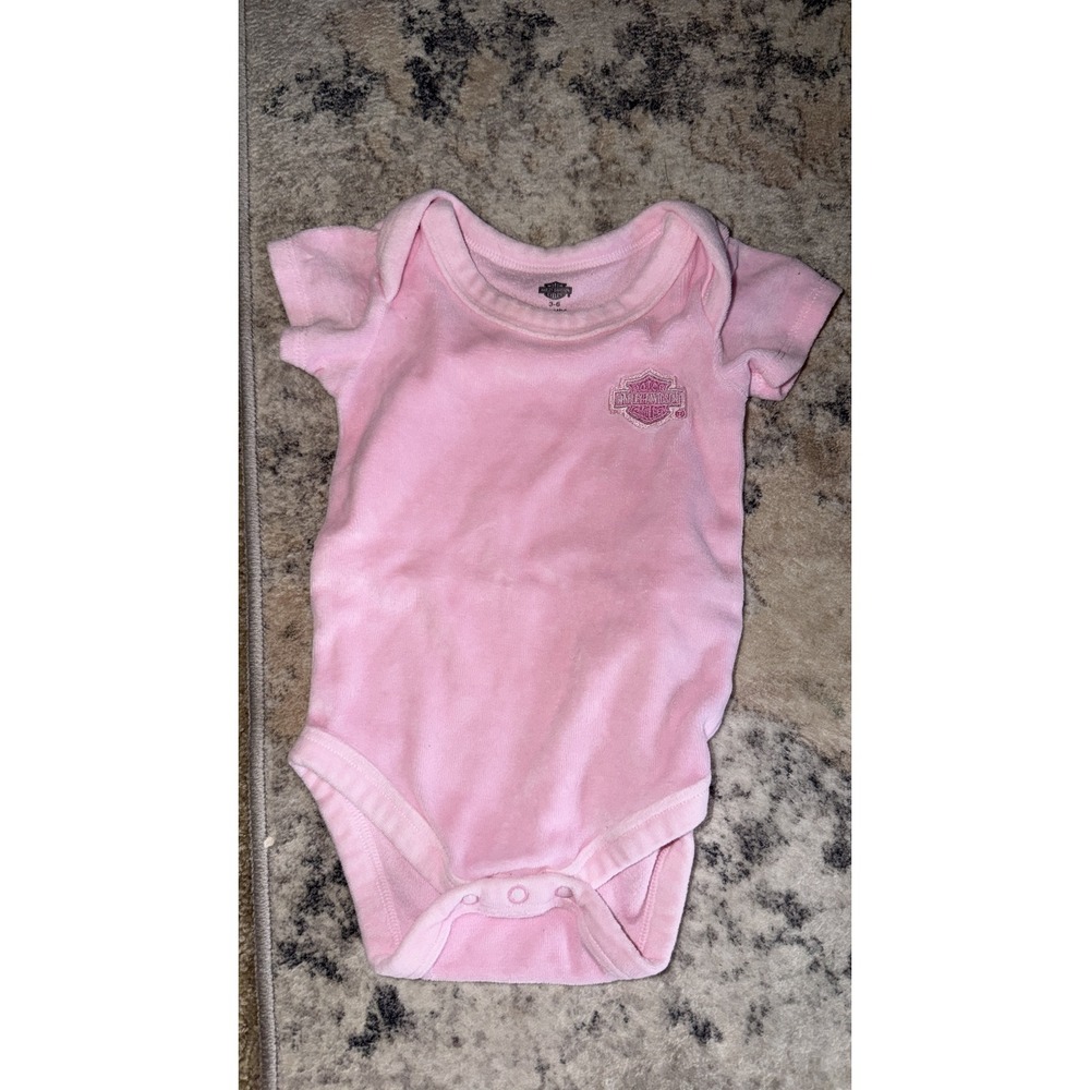 Harley-Davidson Baby Girl Pink Velour Bodysuit Embroidered Logo 3-6 Months